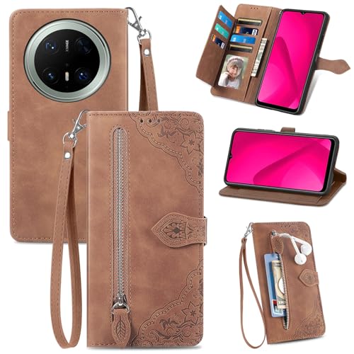 XFDSFDL® Schutzhülle für Huawei Mate 70 Pro PLR-AL00 (6,9 Zoll) PU Lederhülle Flip Cover Prägung Muster mit Ständer Magnetverschluss Reißverschluss Brieftasche Hülle Braun von XFDSFDL