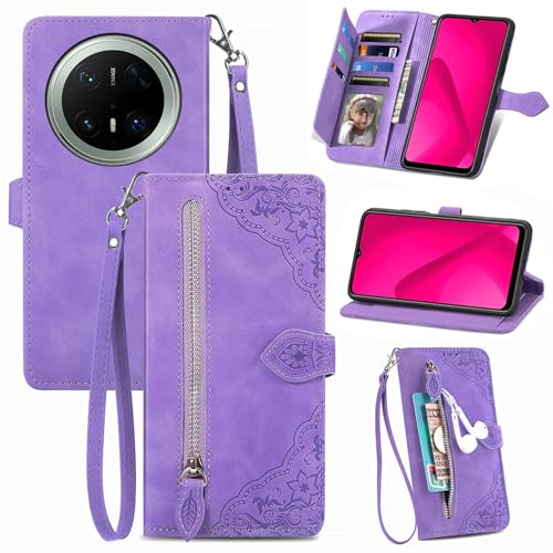 XFDSFDL® Schutzhülle für Huawei Mate 70 Pro PLR-AL00 (6,9 Zoll) PU Lederhülle Flip Cover Prägung Muster mit Ständer Magnetverschluss Reißverschluss Brieftasche Hülle Lila von XFDSFDL