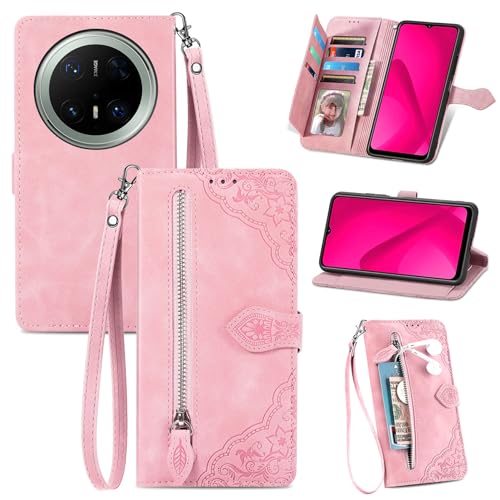 XFDSFDL® Schutzhülle für Huawei Mate 70 Pro PLR-AL00 (6,9 Zoll) PU Lederhülle Flip Cover Prägung Muster mit Ständer Magnetverschluss Reißverschluss Brieftasche Hülle Rosa von XFDSFDL