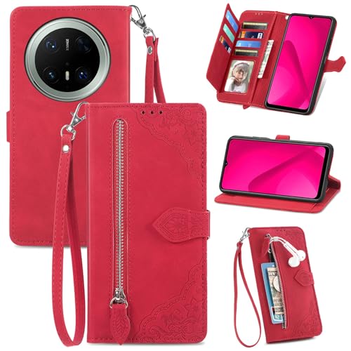 XFDSFDL® Schutzhülle für Huawei Mate 70 Pro PLR-AL00 (6,9 Zoll) PU Lederhülle Flip Cover Prägung Muster mit Ständer Magnetverschluss Reißverschluss Brieftasche Hülle Rot von XFDSFDL
