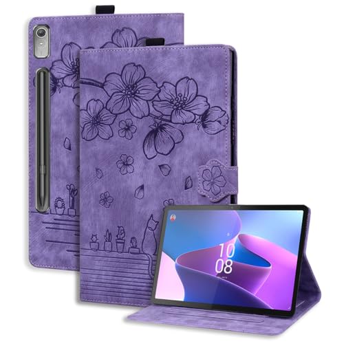 XFDSFDL® Schutzhülle für Lenovo Tab P12 (12,7 Zoll) PU Leder Hülle Flip Cover Sakura-Katze Muster mit Ständer Taschen Case Ledertasche Lila von XFDSFDL