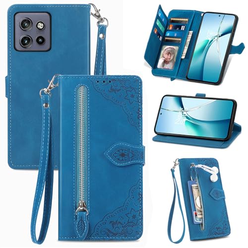 XFDSFDL® Schutzhülle für Motorola Edge 50 Neo/Moto S50 (6,4 Zoll) PU Lederhülle Flip Cover Prägung Muster mit Ständer Magnetverschluss Reißverschluss Brieftasche Hülle Blau von XFDSFDL