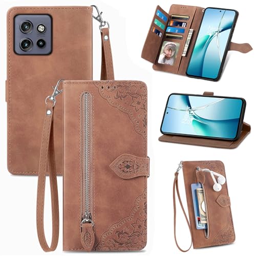 XFDSFDL® Schutzhülle für Motorola Edge 50 Neo/Moto S50 (6,4 Zoll) PU Lederhülle Flip Cover Prägung Muster mit Ständer Magnetverschluss Reißverschluss Brieftasche Hülle Braun von XFDSFDL
