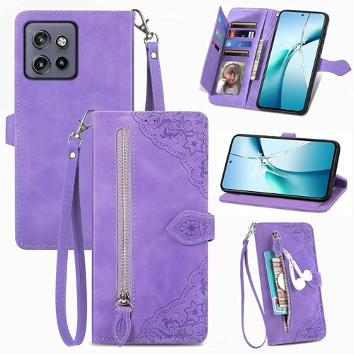 XFDSFDL® Schutzhülle für Motorola Edge 50 Neo/Moto S50 (6,4 Zoll) PU Lederhülle Flip Cover Prägung Muster mit Ständer Magnetverschluss Reißverschluss Brieftasche Hülle Lila von XFDSFDL