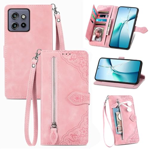 XFDSFDL® Schutzhülle für Motorola Edge 50 Neo/Moto S50 (6,4 Zoll) PU Lederhülle Flip Cover Prägung Muster mit Ständer Magnetverschluss Reißverschluss Brieftasche Hülle Rosa von XFDSFDL