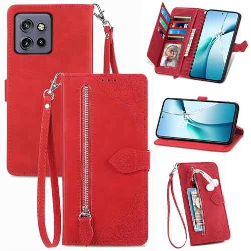 XFDSFDL® Schutzhülle für Motorola Edge 50 Neo/Moto S50 (6,4 Zoll) PU Lederhülle Flip Cover Prägung Muster mit Ständer Magnetverschluss Reißverschluss Brieftasche Hülle Rot von XFDSFDL