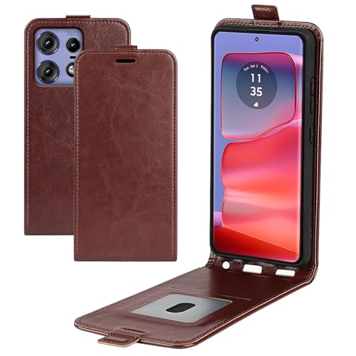 XFDSFDL® Schutzhülle für Motorola Edge 50 Pro (6,7 Zoll) Vertikal PU Lederhülle Hoch/Runter Offen Flip Case mit Magnetverschluss Taschen Kartenfächern Brieftasche Ledertasche Braun von XFDSFDL