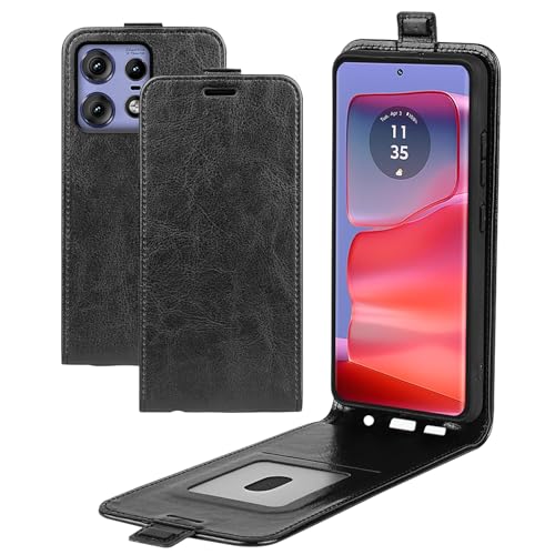 XFDSFDL® Schutzhülle für Motorola Edge 50 Pro (6,7 Zoll) Vertikal PU Lederhülle Hoch/Runter Offen Flip Case mit Magnetverschluss Taschen Kartenfächern Brieftasche Ledertasche Schwarz von XFDSFDL