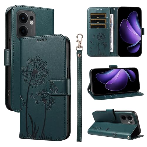 XFDSFDL® Schutzhülle für Oppo Reno 13F CPH2699 (6,67 Zoll) PU Lederhülle Flip Cover Löwenzahn Muster mit Ständer Schlüsselband Brieftasche Prägung Handytasche Dunkelgrün von XFDSFDL