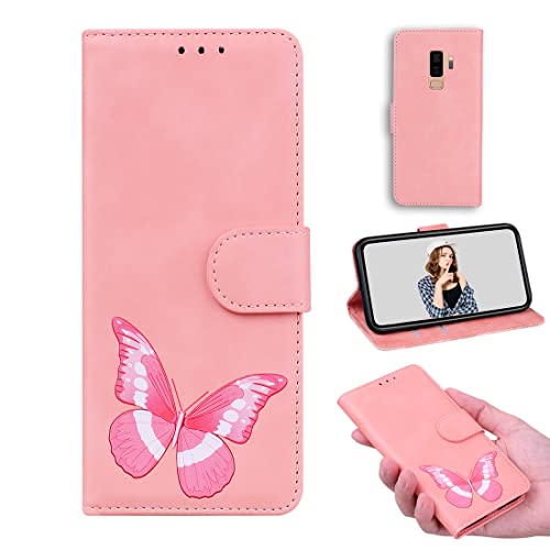 XFDSFDL® Schutzhülle für Samsung Galaxy S9+ SM-G965 (6,2 Zoll) PU Lederhülle Flip Cover 3D Schmetterling Muster mit Ständer Magnetverschluss Brieftasche Handytasche Rosa von XFDSFDL