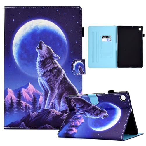 XFDSFDL® Schutzhülle für Samsung Galaxy Tab A9+ SM-X210/X216/X218 (11 Zoll) PU Leder Hülle Flip Cover Mond Wolf Muster mit Ständer Taschen Case Ledertasche 02 von XFDSFDL