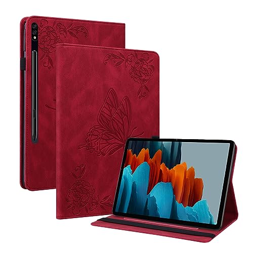 XFDSFDL® Schutzhülle für Samsung Galaxy Tab S7 FE SM-T730/T733/736 (12,4 Zoll) PU Leder Hülle Flip Cover Groß Schmetterling Muster mit Ständer Brieftasche Ledertasche Rot von XFDSFDL