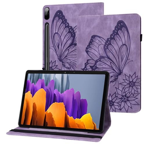 XFDSFDL® Schutzhülle für Samsung Galaxy Tab S7 FE SM-T730/T733/736 (12,4 Zoll) PU Leder Hülle Flip Cover Schmetterling Retro Muster mit Ständer Brieftasche Ledertasche Lila von XFDSFDL