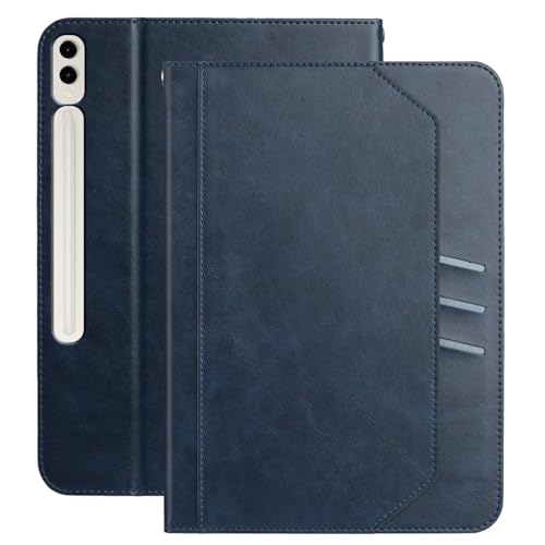 XFDSFDL® Schutzhülle für Samsung Galaxy Tab S9+ SM-X810/X816/X818 (12,4 Zoll) PU Leder Hülle Tragbarkeit Schlüsselband Brieftasche mit Ständer Taschen Kartenfächern Ledertasche Blau von XFDSFDL