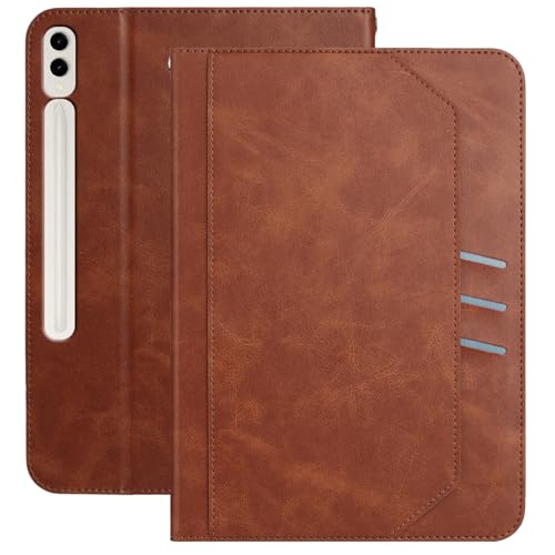 XFDSFDL® Schutzhülle für Samsung Galaxy Tab S9+ SM-X810/X816/X818 (12,4 Zoll) PU Leder Hülle Tragbarkeit Schlüsselband Brieftasche mit Ständer Taschen Kartenfächern Ledertasche Kaffee von XFDSFDL