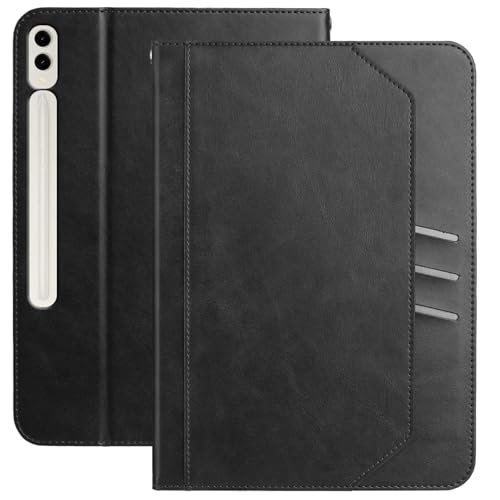 XFDSFDL® Schutzhülle für Samsung Galaxy Tab S9 FE+ SM-X610/X616 (12,4 Zoll) PU Leder Hülle Tragbarkeit Schlüsselband Brieftasche mit Ständer Taschen Kartenfächern Ledertasche Schwarz von XFDSFDL