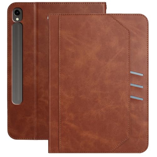 XFDSFDL® Schutzhülle für Samsung Galaxy Tab S9 SM-X710/X716/X718 (11 Zoll) PU Leder Hülle Tragbarkeit Schlüsselband Brieftasche mit Ständer Taschen Kartenfächern Ledertasche Kaffee von XFDSFDL