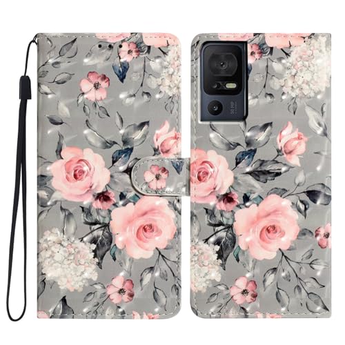 XFDSFDL® Schutzhülle für TCL 40 SE (6,75 Zoll) 3D Entwurf PU Lederhülle Flip Cover mit Ständer Magnetverschluss Brieftasche Handyhülle (Grau Blumen Muster 03) von XFDSFDL