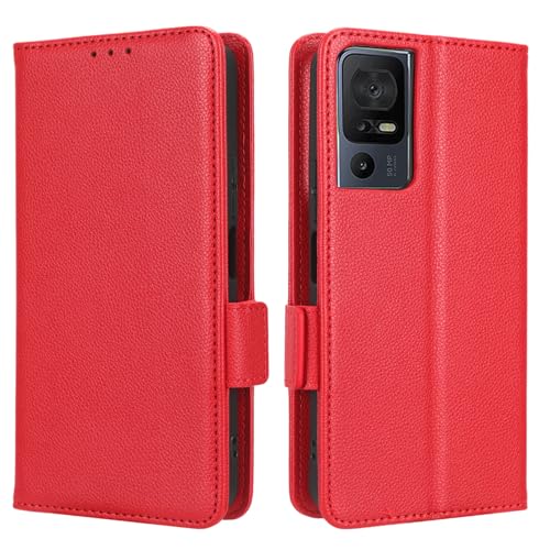 XFDSFDL® Schutzhülle für TCL 40 SE T610K (6,75 Zoll) PU Handyhülle Flip Cover Litchi Muster mit Ständer Taschen Magnetische Seitliche Schnalle Brieftasche Handytasche Rot von XFDSFDL
