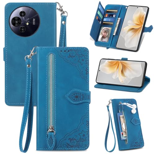XFDSFDL® Schutzhülle für TCL 50 Pro NXTpaper 5G T803 (6,8 Zoll) PU Lederhülle Flip Cover Prägung Muster mit Ständer Magnetverschluss Reißverschluss Brieftasche Hülle Blau von XFDSFDL