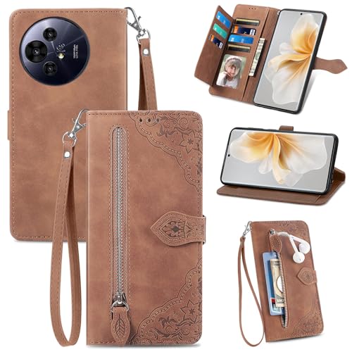XFDSFDL® Schutzhülle für TCL 50 Pro NXTpaper 5G T803 (6,8 Zoll) PU Lederhülle Flip Cover Prägung Muster mit Ständer Magnetverschluss Reißverschluss Brieftasche Hülle Braun von XFDSFDL