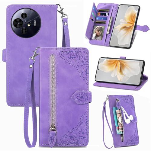 XFDSFDL® Schutzhülle für TCL 50 Pro NXTpaper 5G T803 (6,8 Zoll) PU Lederhülle Flip Cover Prägung Muster mit Ständer Magnetverschluss Reißverschluss Brieftasche Hülle Lila von XFDSFDL