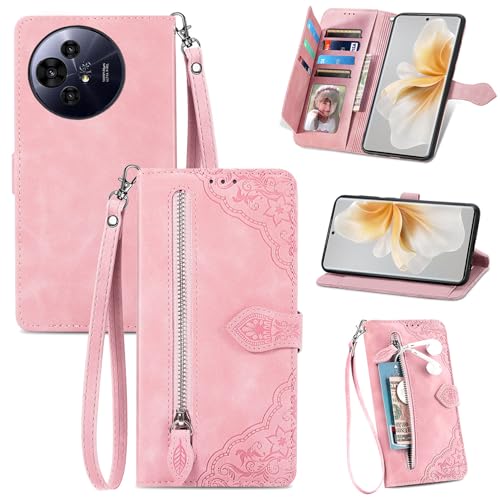 XFDSFDL® Schutzhülle für TCL 50 Pro NXTpaper 5G T803 (6,8 Zoll) PU Lederhülle Flip Cover Prägung Muster mit Ständer Magnetverschluss Reißverschluss Brieftasche Hülle Rosa von XFDSFDL