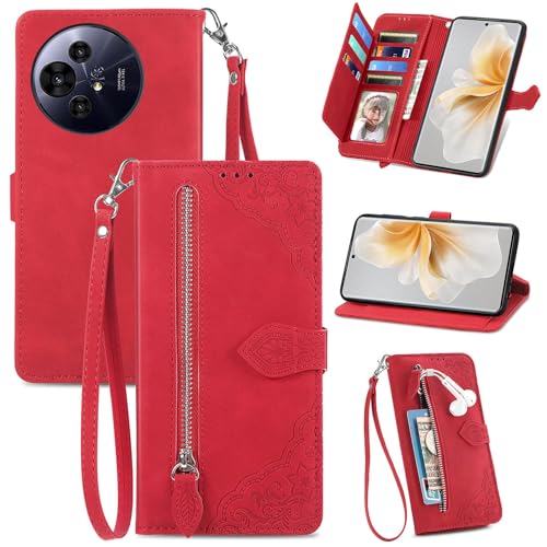 XFDSFDL® Schutzhülle für TCL 50 Pro NXTpaper 5G T803 (6,8 Zoll) PU Lederhülle Flip Cover Prägung Muster mit Ständer Magnetverschluss Reißverschluss Brieftasche Hülle Rot von XFDSFDL