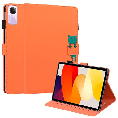 XFDSFDL® Schutzhülle für Xiaomi Redmi Pad SE (11 Zoll) PU Leder Hülle Flip Cover Frosch Muster mit Ständer Magnetverschluss Taschen Case Ledertasche, Orange von XFDSFDL