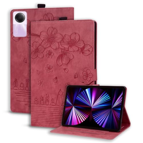 XFDSFDL® Schutzhülle für Xiaomi Redmi Pad SE (11 Zoll) PU Leder Hülle Flip Cover Sakura-Katze Muster mit Ständer Taschen Case Ledertasche Rot von XFDSFDL