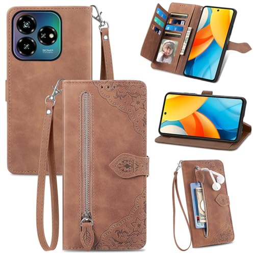 XFDSFDL® Schutzhülle für ZTE Blade V60 Vita (6,6 Zoll) PU Lederhülle Flip Cover Prägung Muster mit Ständer Magnetverschluss Reißverschluss Brieftasche Hülle Braun von XFDSFDL