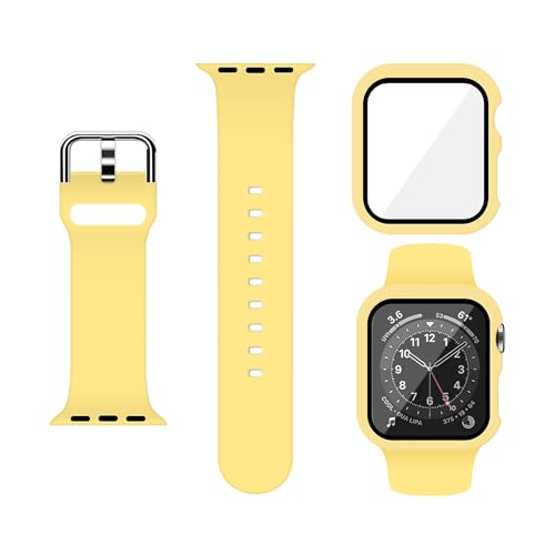 XFEN Sport Silikonband, Größe S/M für Apple Watch 42/44/45 mm und Aufsteckhülle mit Displayschutz aus gehärtetem Glas, 45 mm, kompatibel mit Apple Watch Series 7 Series 8 - Gelb von XFEN