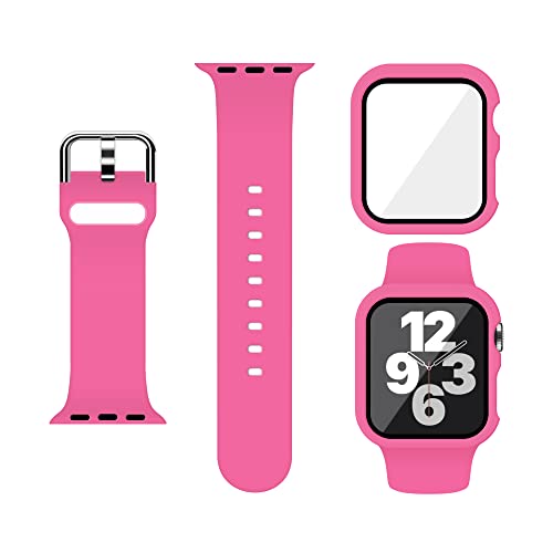 XFEN Sport Silikonband M/L Größe für Apple Watch 42/44/45 mm und Snap-on-Hülle mit Displayschutz aus gehärtetem Glas 45 mm, kompatibel mit Apple Watch Series 7 Series 8 - Rose Red von XFEN
