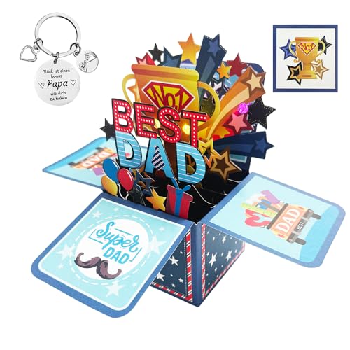 XFSRG 3D Pop Up Karte Geburtstag Bester Papa der Welt Geburtstagskarte Vatertag Geschenke Glückwunschkarte mit Briefumschlag Schlüsselanhänger mit Geschenk für Vater von XFSRG
