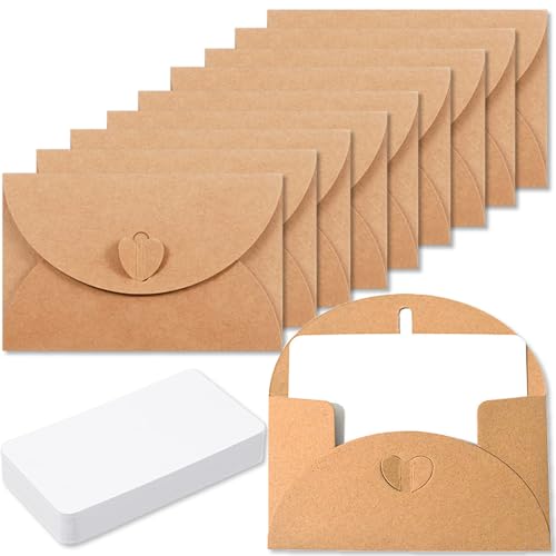 XFentech 15 Stück Mini Briefumschläge mit Karten - Vintage Mini Kraftpapier Umschläge Blanko Kärtchen Kleine Briefumschlägemit Herz Verschluss für Geschenkkarten DIY Dankeskarten Weihnachten von XFentech