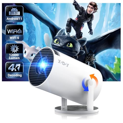 [2025 Upgraded & Android 11.0] Mini-Projektor Native 720P HD, unterstützt 4K 1080P, XGODY Gimbal 3 Tragbarer Projektor 12000 Lumen, WiFi 6, Bluetooth, Auto Keystone, Videoprojektor für Heimkino(weiß) von XGODY