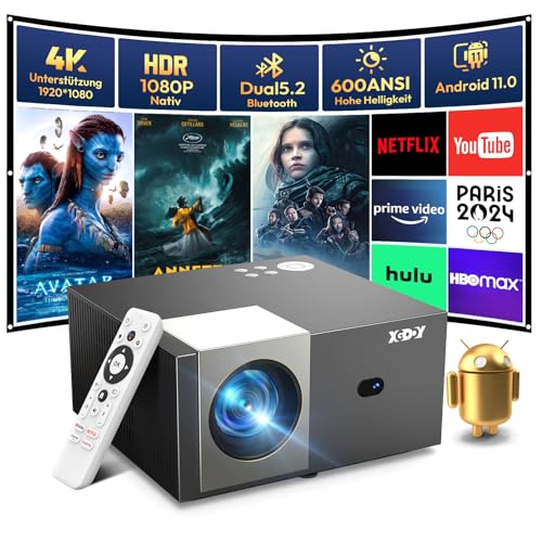 Android 11 & Elektrischer Fokus Smart Beamer Full HD XGODY Sail2 600ANSI Nativ 1080P Bluetooth WLAN Projektor 4K Unterstützung Video Heimkino Beamer Automatik Vertikale Korrektur Chromecast 7000 APP. von XGODY