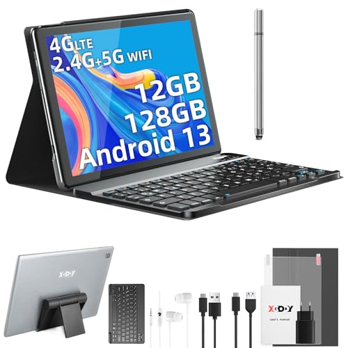 XGODY 10,1 Zoll 4G LTE(2 SIM Slot) Octa-Core Android 12 Tablet 6GB RAM 128GB ROM Tablet mit Tastatur 8000mAh Akku 1920x1200 FHD+IPS Touchscreen 5MP+8MP Kamera Bluetooth 5.0 Typ C Tablet Grau von XGODY
