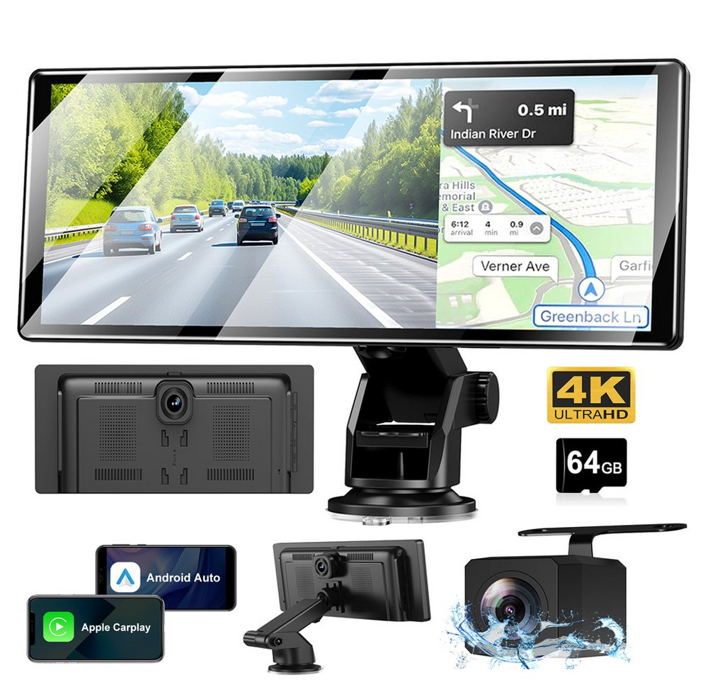 XGODY 11.3" 4K Dashcam Wireless Android Auto Rückfahrkamera CarPlay Dashcam (HD, Touchscreen FM AUX Tragbar Autoradio Rückfahrkamera IPS) von XGODY