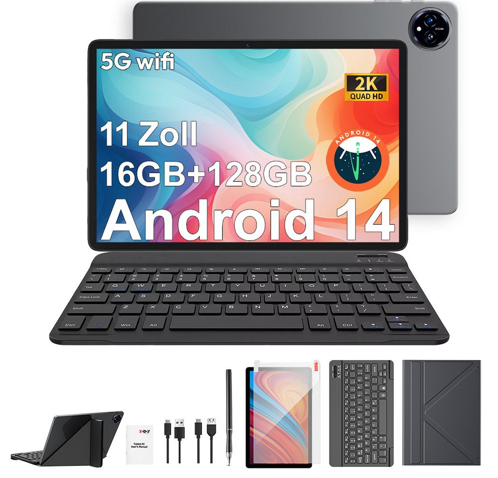 XGODY Q17(8+8GB+128GB) Tablet (11", 128 GB, Android14, Android 14,16GB RAM,WLAN,HD+IPS,Octa-Core,PC,Mit-Tastatur-Ledertasche) von XGODY