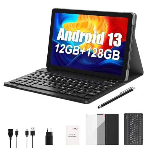 XGODY Tablet 10 Zoll Android 13 Tablet mit Tastatur 2,4G/5G WLAN 4-Core 2,0 GHz | 12 GB RAM + 128 GB ROM (TF 1 TB) | FHD | 5+13 MP Kamera | 7000 mAh | Bluetooth 5.0, Tablet PC – Grau von XGODY
