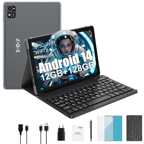 XGODY 10 Zoll Android 14 Tablet mit Tastatur 2,4G/5G WLAN 2,0 GHz | 12 GB RAM + 128 GB ROM (TF 1 TB) | FHD | 5+13 MP Kamera | 7000 mAh | Bluetooth 5.0,Tablet PC – Blau von XGODY