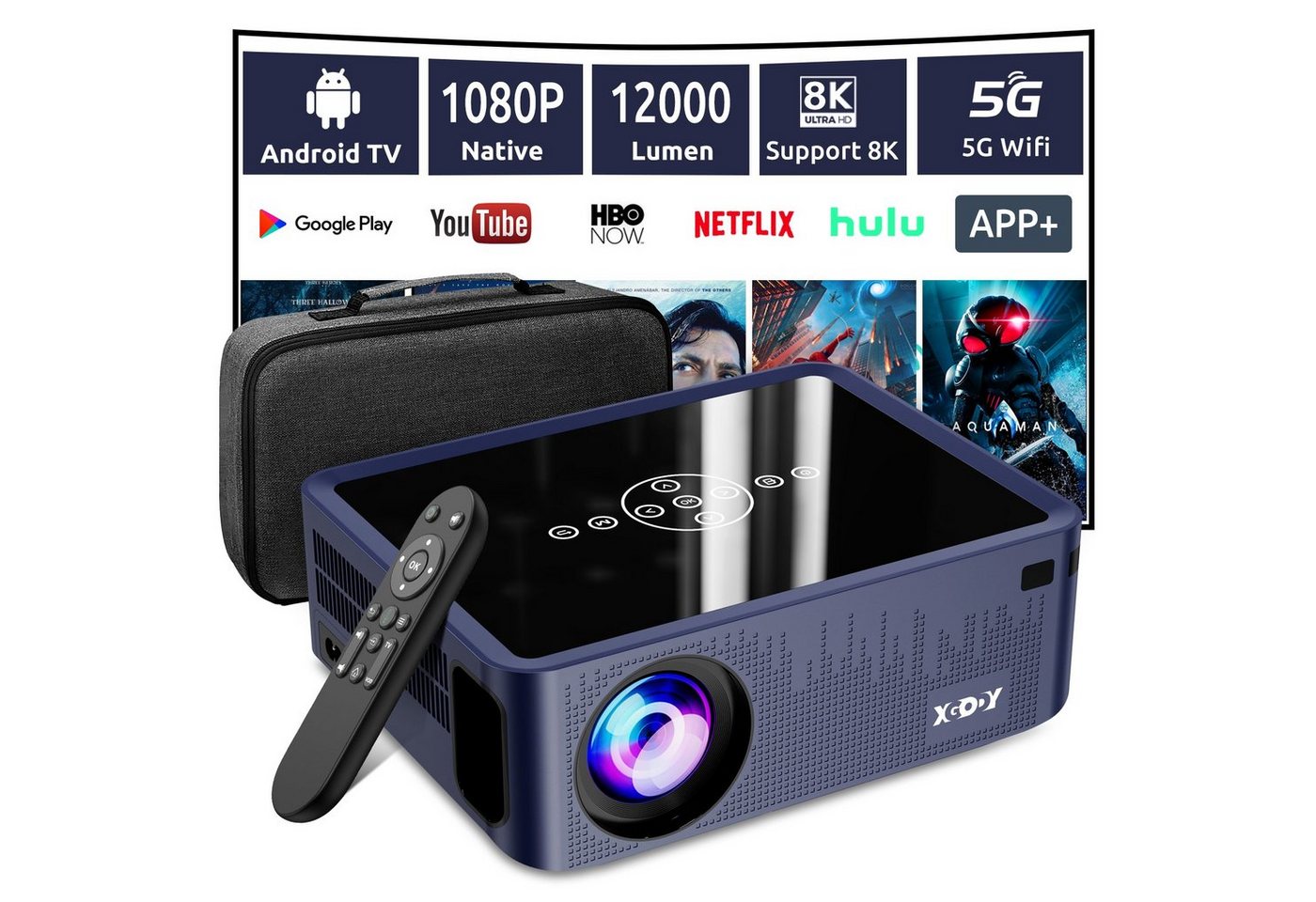 XGODY X1 Pro Beamer (12000 lm, 15000:1, 1920 x 1080 px, 8K, 300-Zoll, Bluetooth, 2,4/5 GHz WiFi, Android 9.0) von XGODY