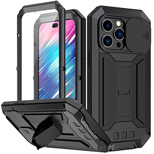 Metall Hülle für iPhone 14 Pro Max,Full Body Hybride Military Stoßfest Staubdicht Schwerlast Rugged Silikon Case Metall Bumper Hülle Eingebauter Displayschutz mit Stand für iPhone 14 Pro Max (Schwarz) von XGYCYXM