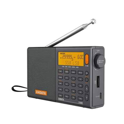 XHDATA D-808 Tragbares Digitales Radio UKW-Stereo/KW/MW/LW SSB RDS Air Band Multi-Band-Radio Lautsprecher mit LCD-Anzeige Wecker Externe Antenne und 2000 mah Chargeable Batterie (Grau) von XHDATA
