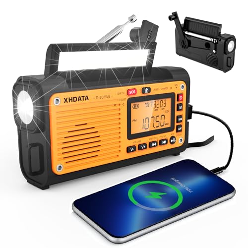 XHDATA D608WB Tragbares Notfall Radio mit Kurbel Solarradio mit Kurbel 3000mAh Akku Wiederaufladbares LED Taschenlampe und Leselicht SOS Alarm FM/MW/SW Bluetooth-Musik für Outdoor und Camping von XHDATA