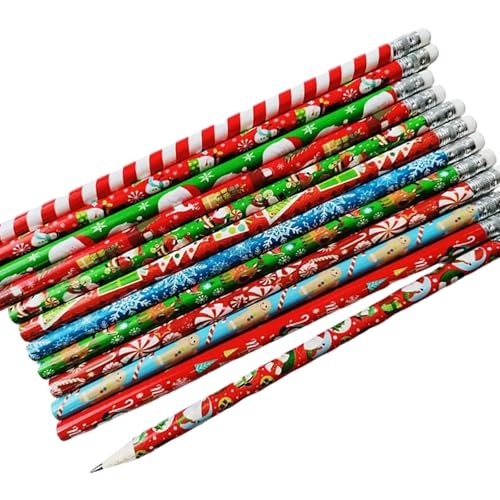 XIAOQENAN 48 Stück Weihnachts-Bleistifte aus Holz mit Radiergummis, Weihnachtsstrumpffüller, Holzzeichenstifte für Kinder, Studenten von XIAOQENAN