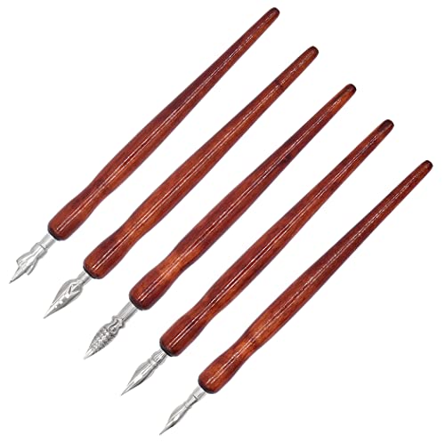 XIAOYU Cartoon Comic Dip Stift Set, 5 Stück Comic Stifthalter mit 5 Stück Comic Stiftspitzen Set, Holz Comic Stiftstifthalter zum Schreiben, Malen, Unterschreiben, braun von XIAOYU