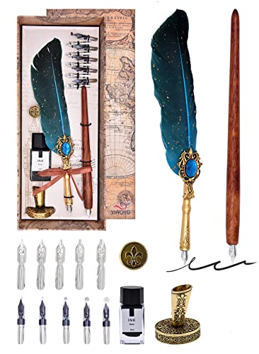 XIAOYU Feder-Kalligrafie-Tintenset, inkl. Federkiel und Holz-Tauchstift, 10 Ersatzspitzen, Tinte und Stiftspitzenbasis zum Schreiben, Zeichnen, Unterschreiben, blau von XIAOYU