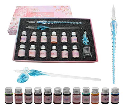 XIAOYU Glas Dip Pen Ink Set, 16 Stück Kalligraphie-Stifte-Set – 12 bunte Tinten, Stifthalter, Reinigungsbecher, 2 Kristallglasstifte für Kunst, Schreiben, Zeichnen, Unterschrift – Hellblau von XIAOYU